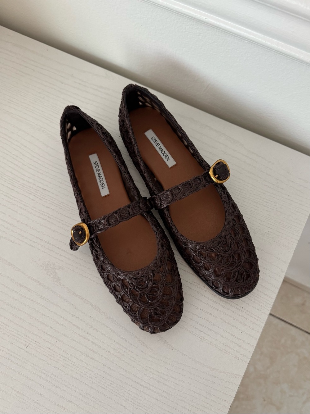 Steve Madden Dark Brown Woven Mary Jane Flats with Gold Buckle - Picture 3 of 6